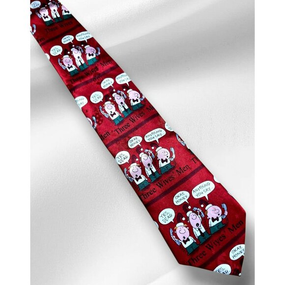 VTG John Ashford Silk Christmas Neck Tie Three Wives Men Cartoon Holiday Party - Picture 1 of 7